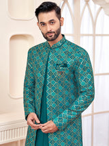 Rama green printed indo western for wedding look