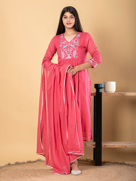 Rani pink cotton yoke kurti set with dupatta