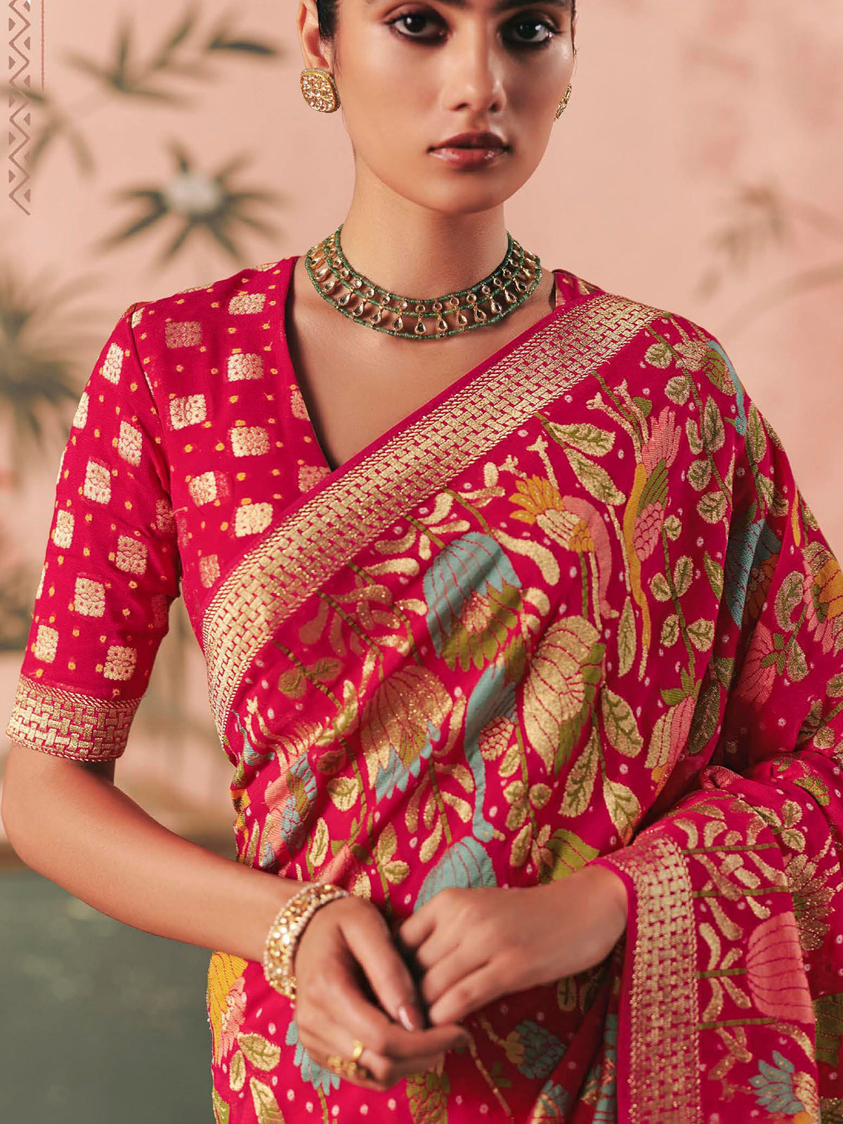 Rani pink georgette bandhej zari weaving saree