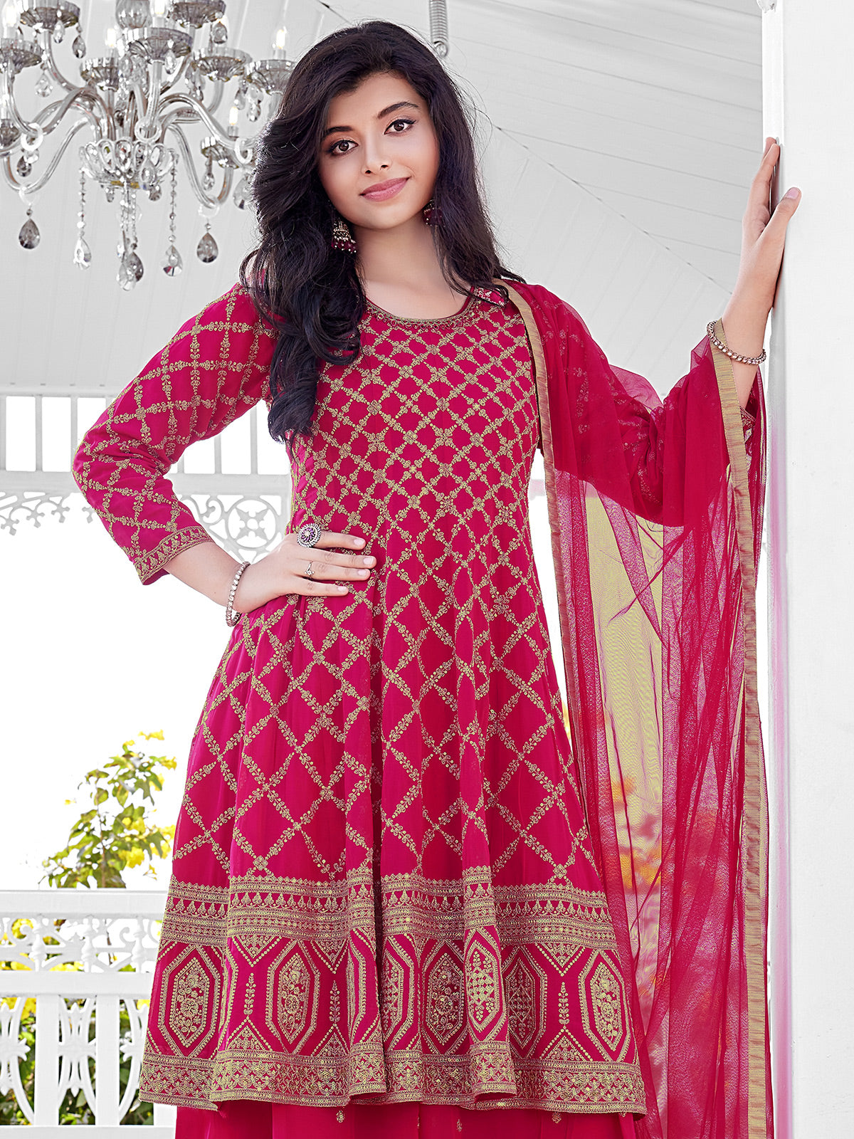 Rani pink georgtte festive style palazzo suit with dupatta