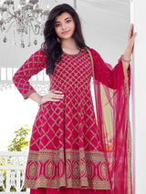 Rani pink georgtte festive style palazzo suit with dupatta
