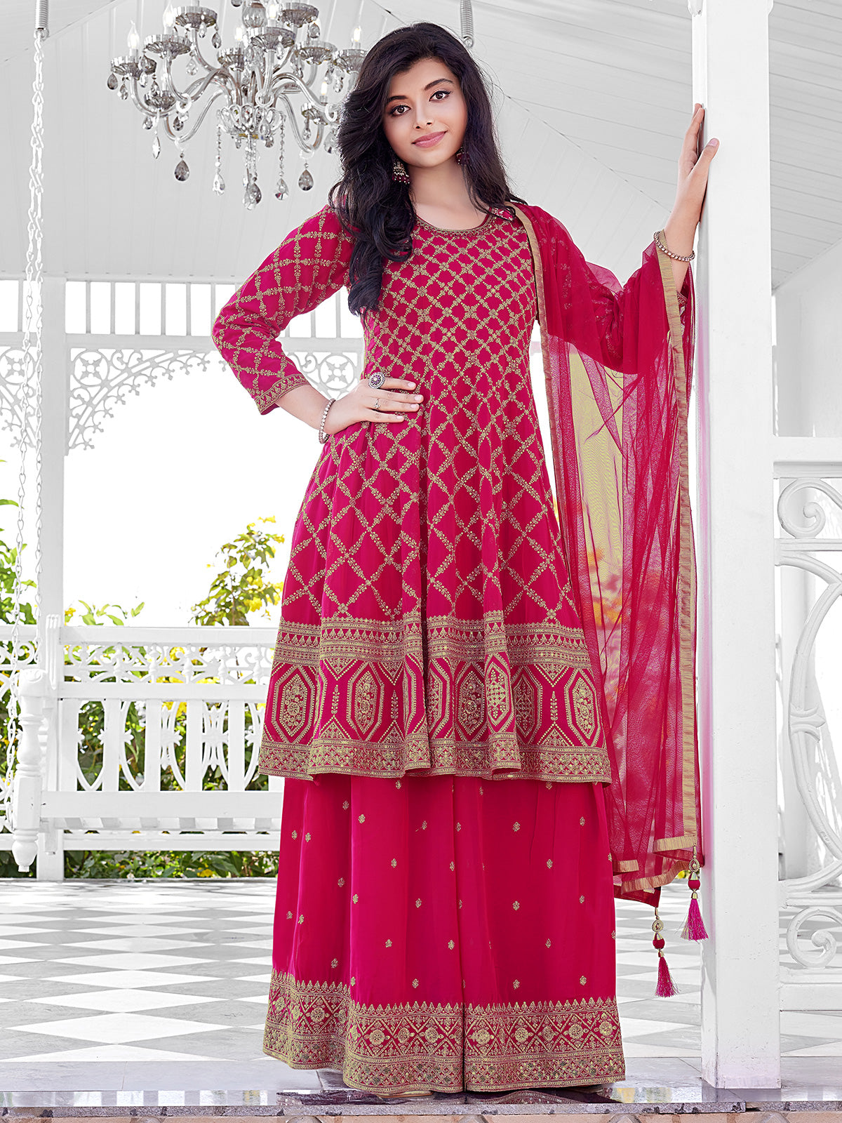 Rani pink georgtte festive style palazzo suit with dupatta