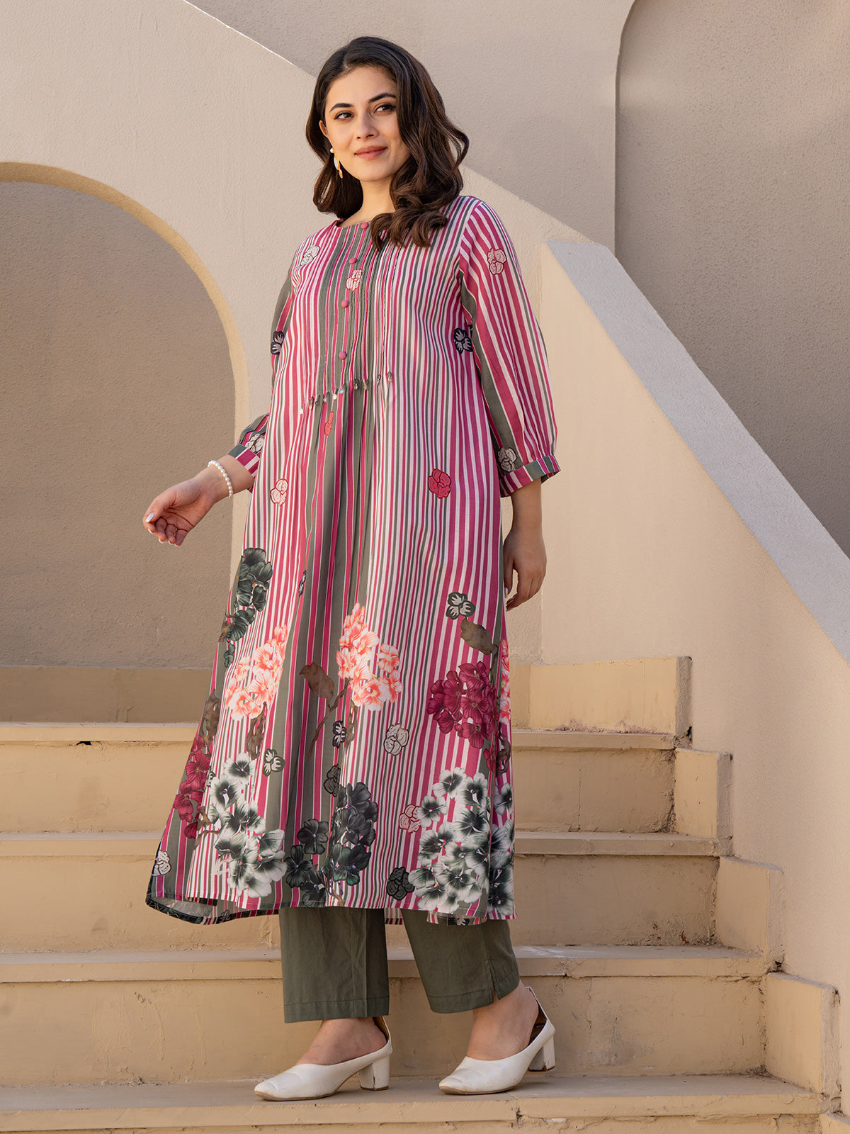Rani pink silk printed kurti set
