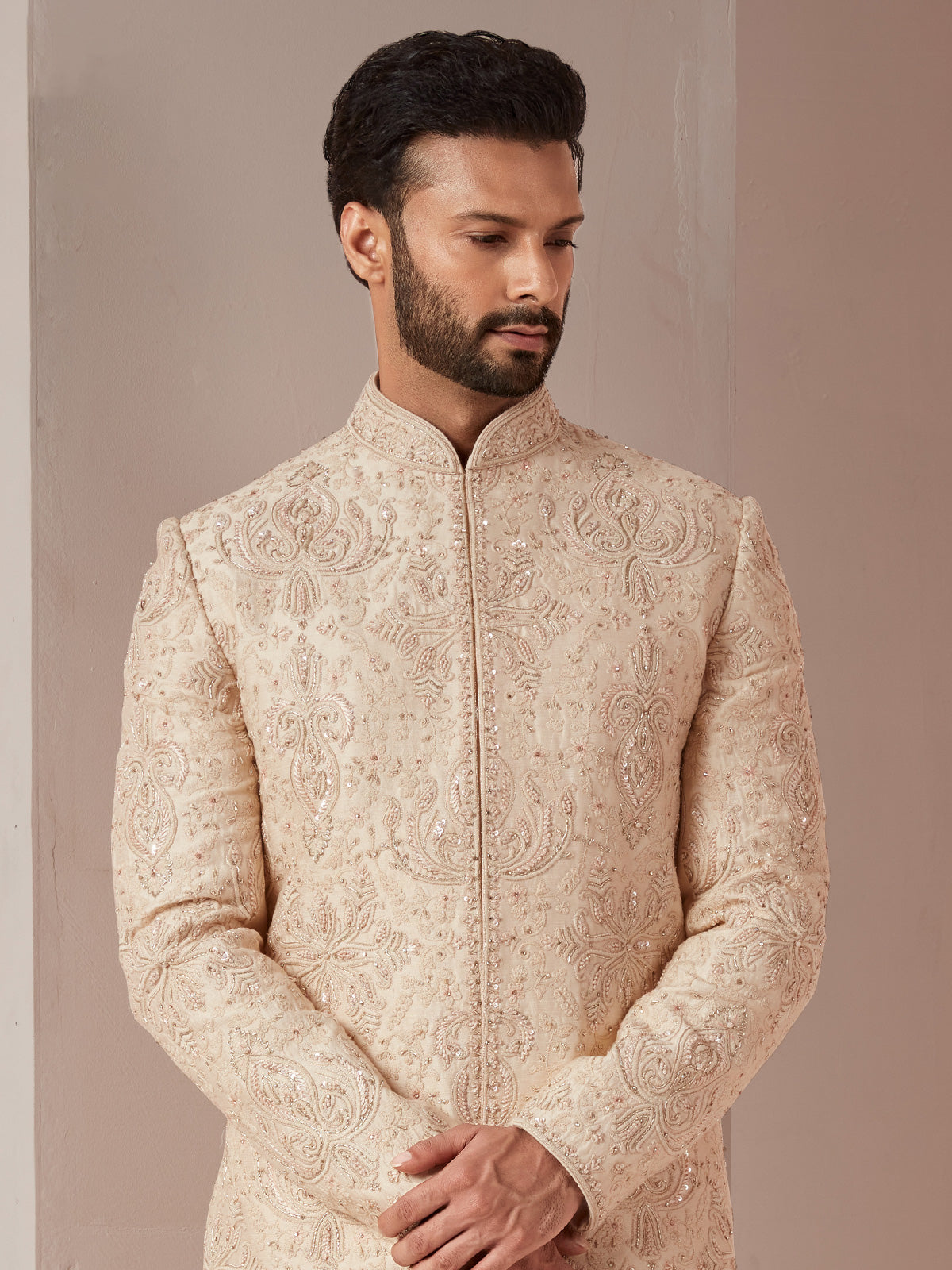 Raw silk peach color groom and wedding sherwani