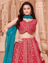 Pink banarasi silk sleeveless lehenga choli with dupatta for girls