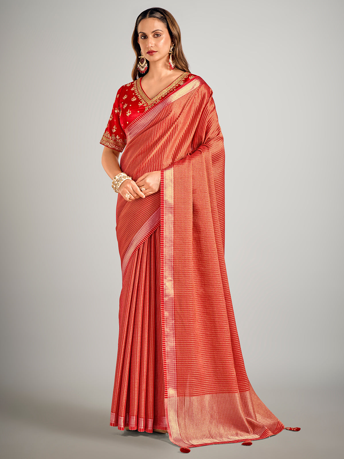 Red dola silk zari weaving saree