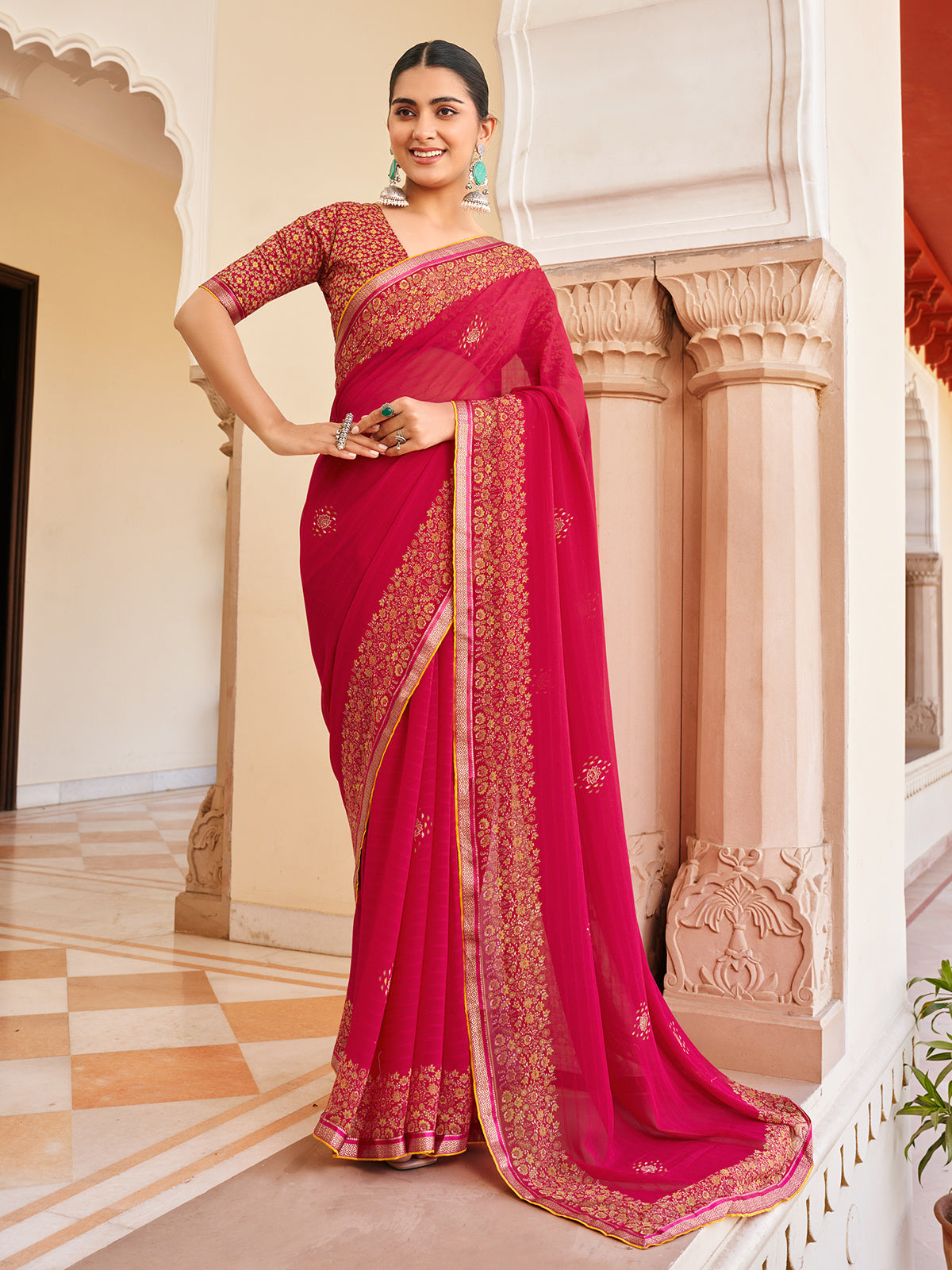 Red festive wear printed georgette saree