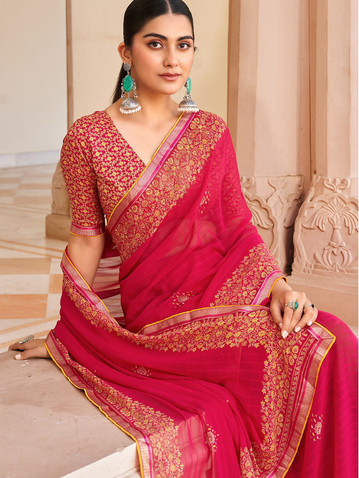 Red festive wear printed georgette saree