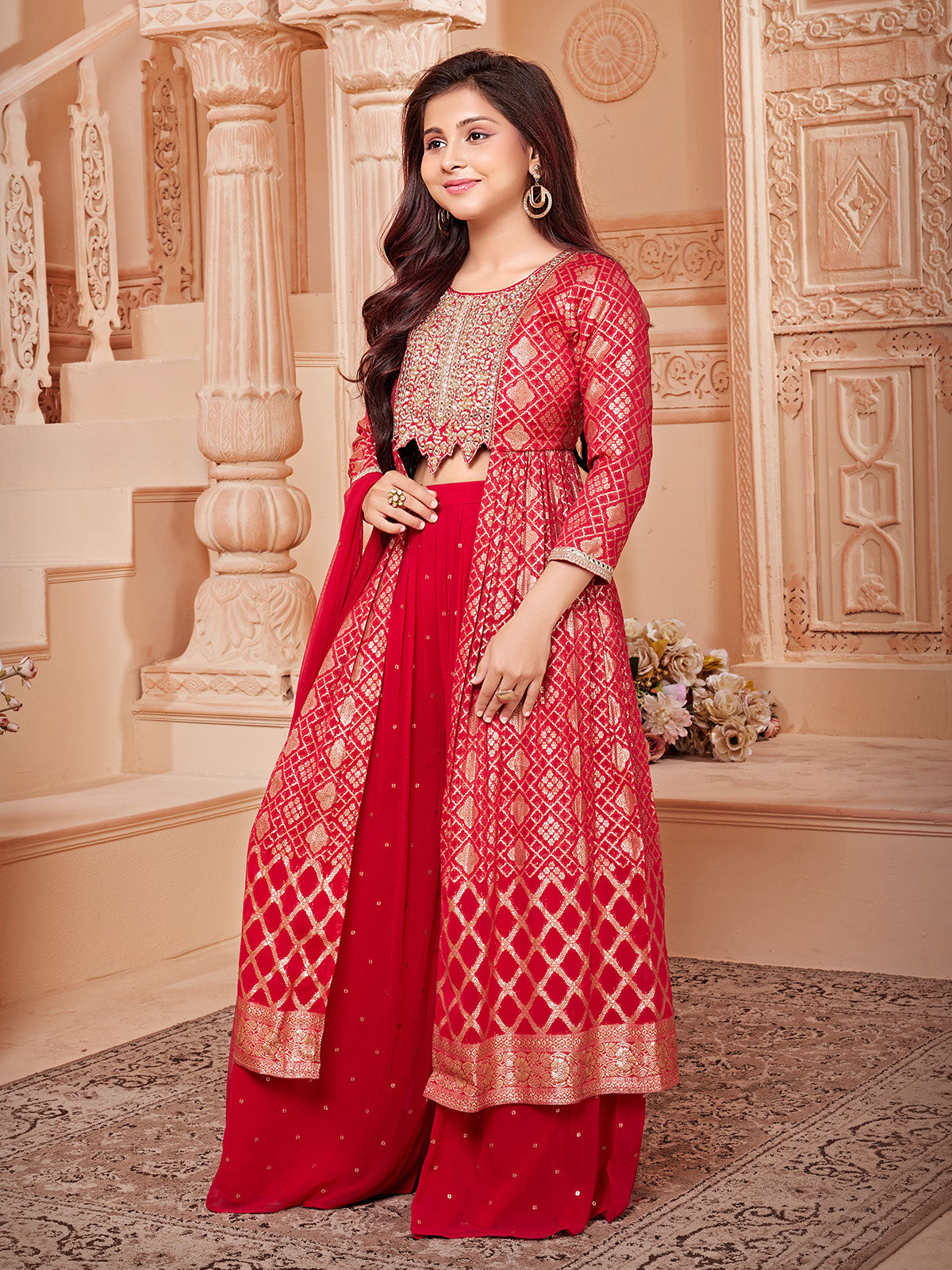 Red georgette palazzo suit for women
