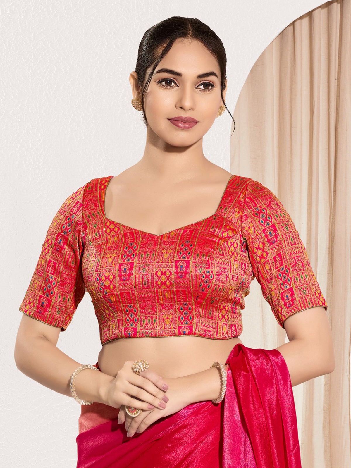 Red ready made blouse in jacquard