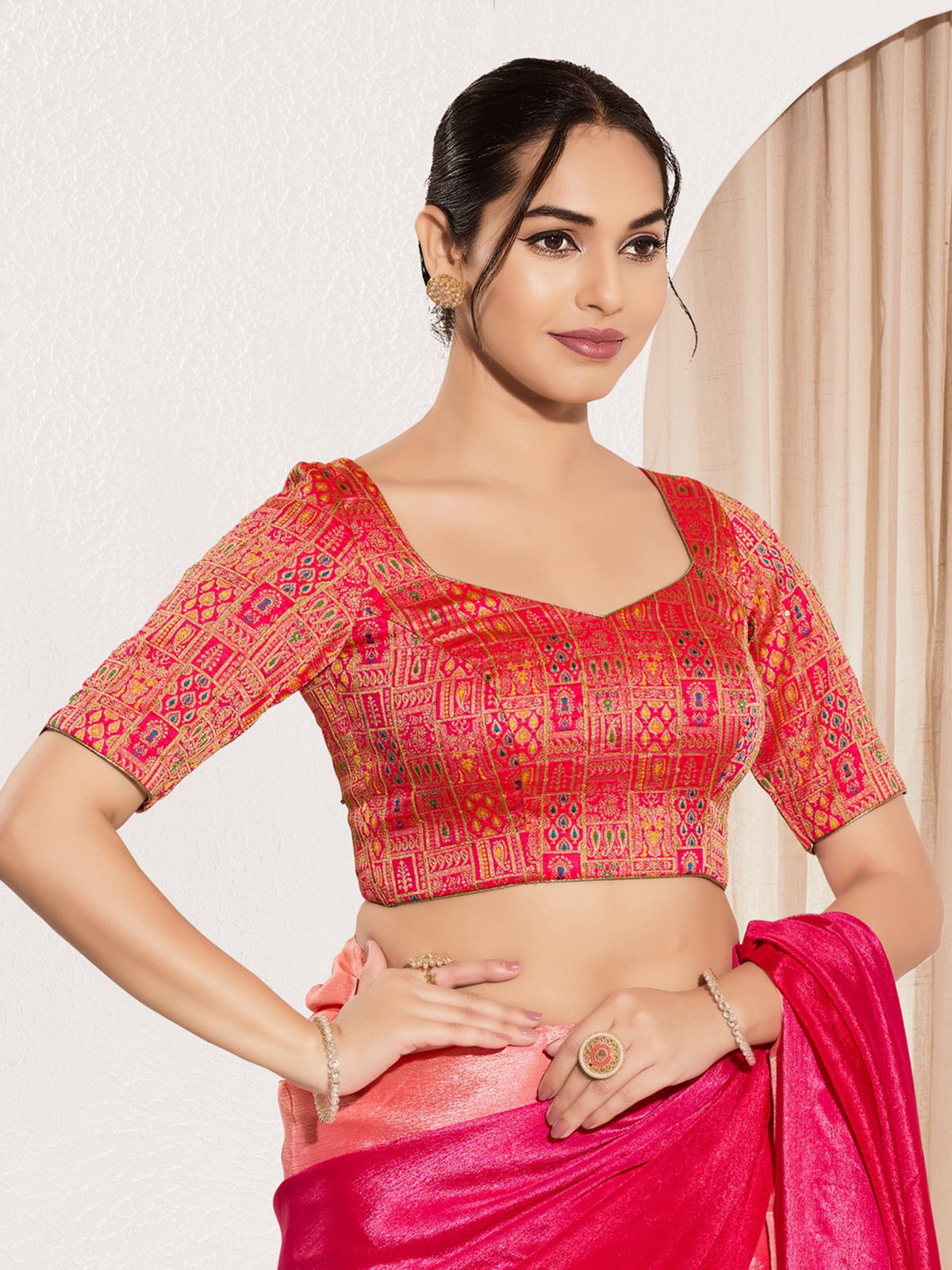 Red ready made blouse in jacquard