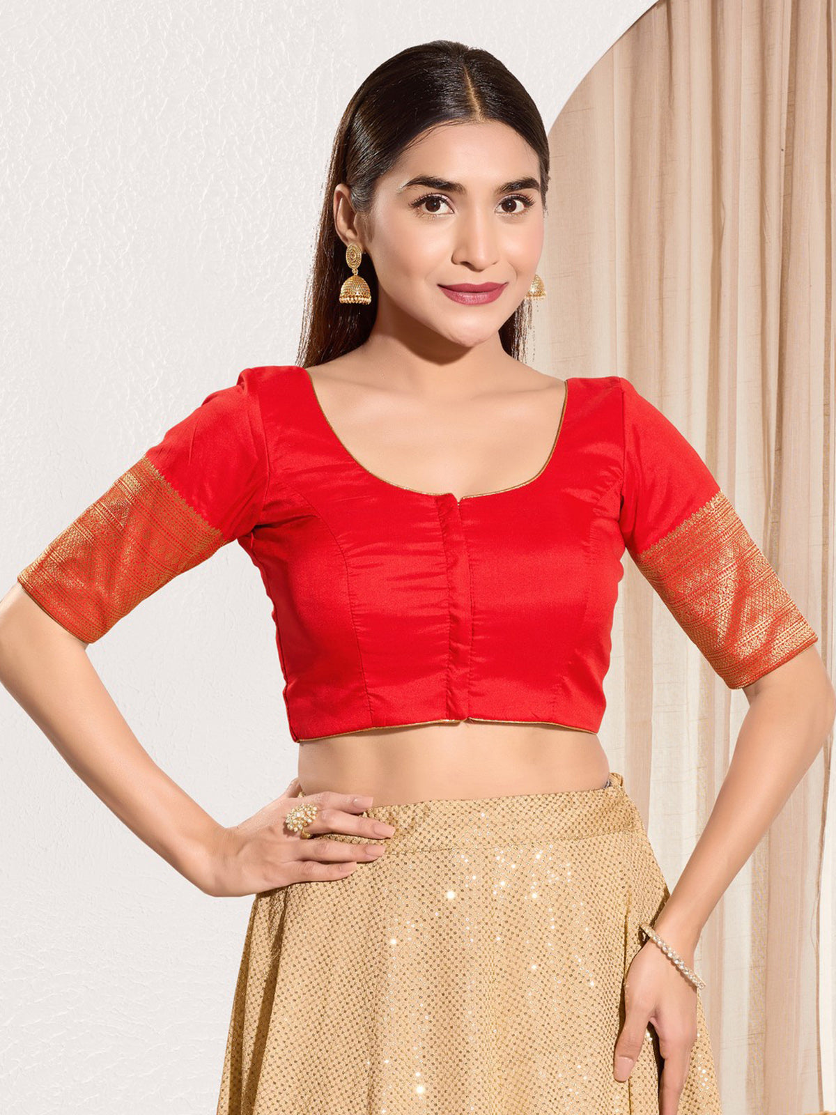 Red silk ready made blouse with zari weaving