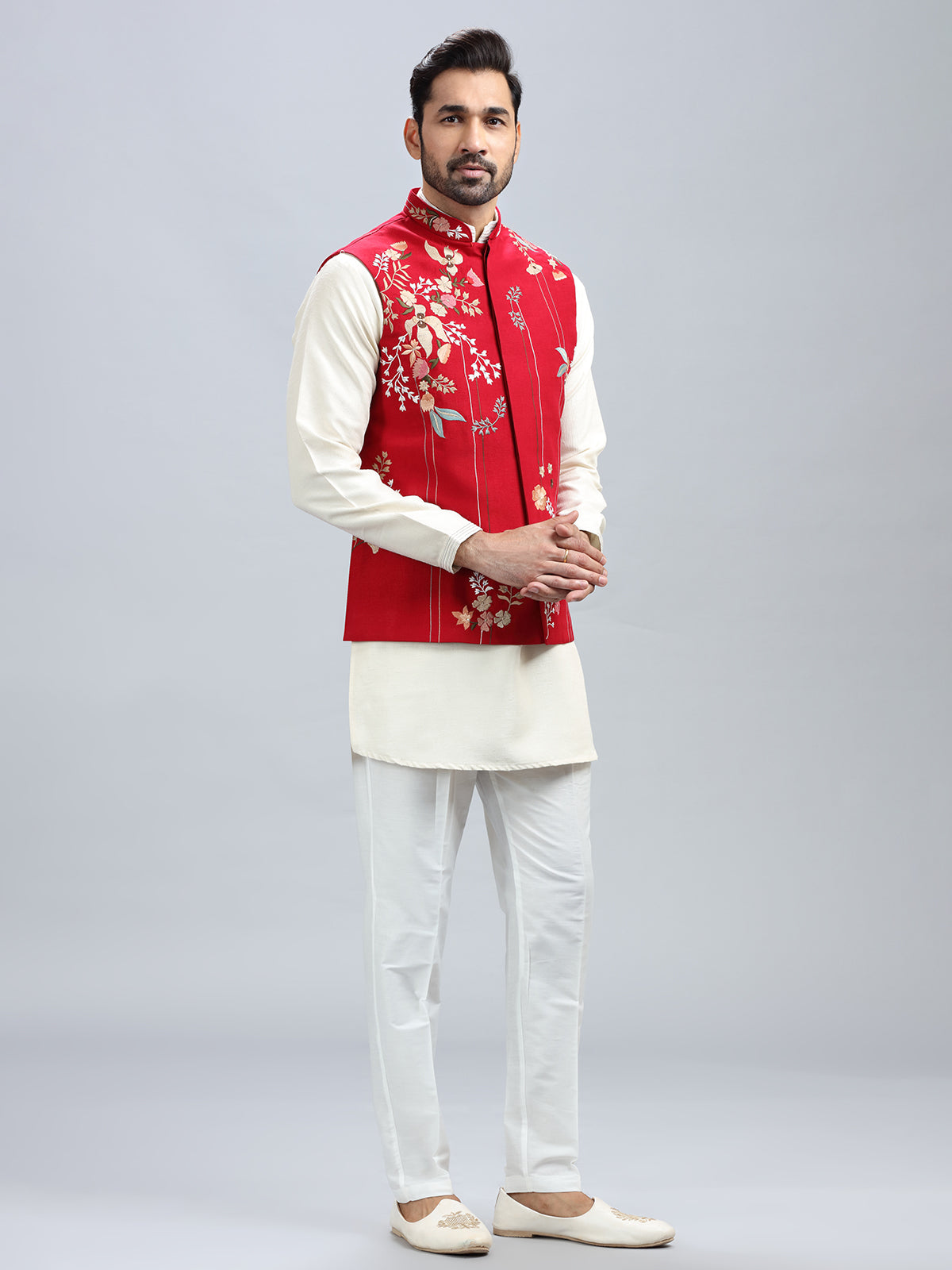 Red silk wedding style waistcoat set for men