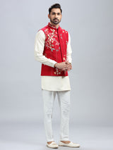 Red silk wedding style waistcoat set for men
