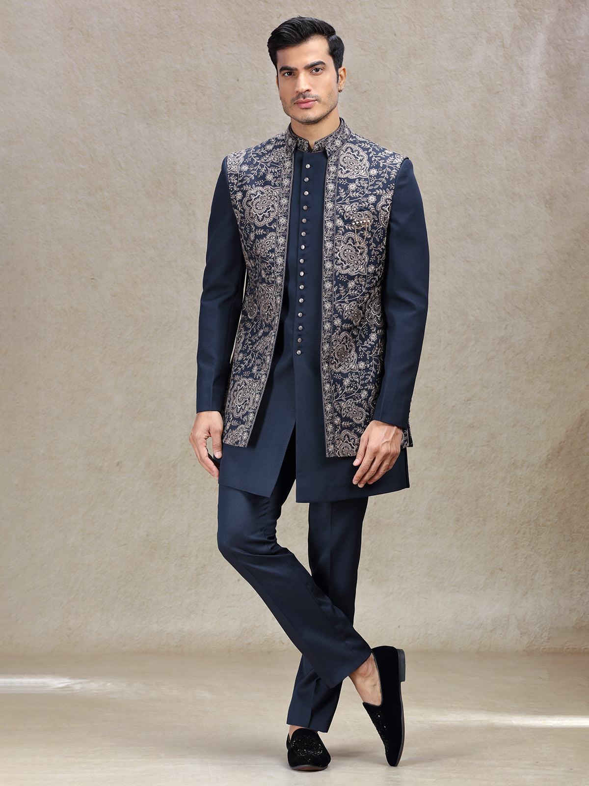 Regal navy indowestern for weddings and receptions
