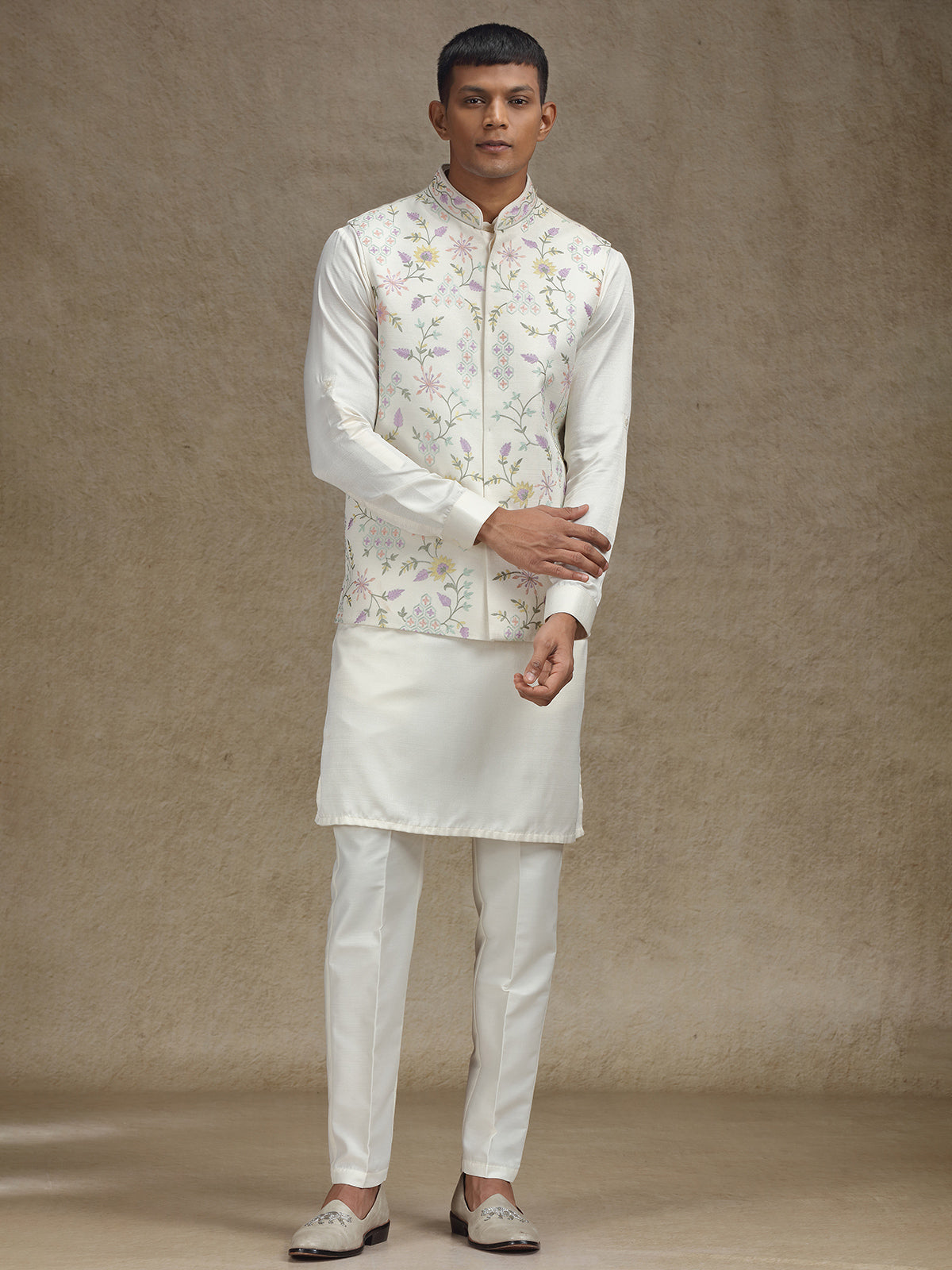 Cream waistcoat set with intricate embroidery