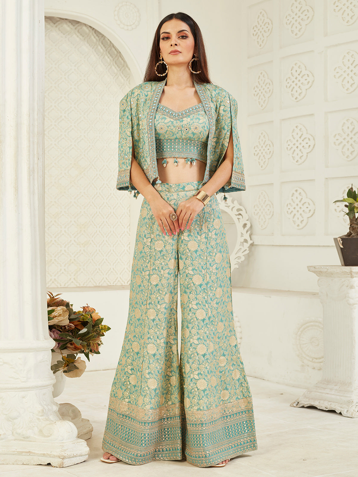 Sage green elegant silk jacket style palazzo suit for women