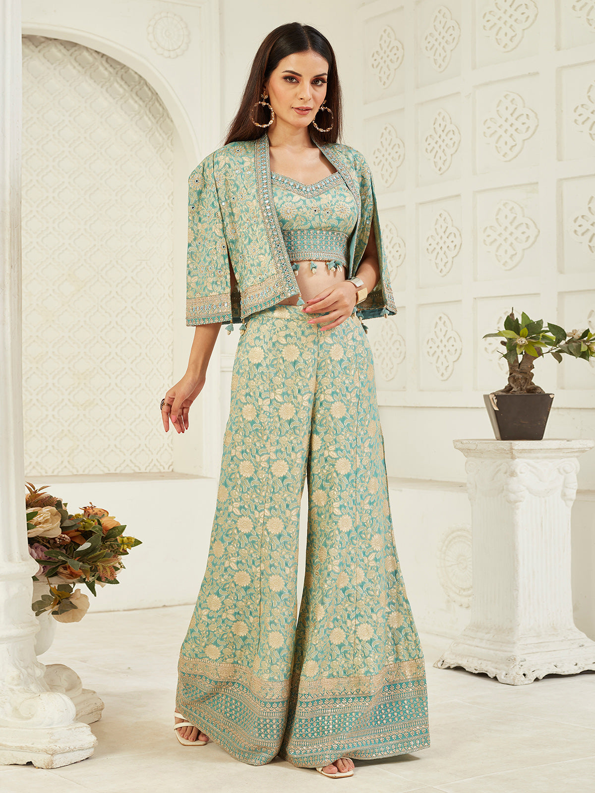 Sage green elegant silk jacket style palazzo suit for women