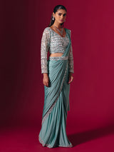 Sage green lycra saree with luxurious multi work detailing