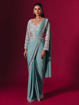 Sage green lycra saree with luxurious multi work detailing