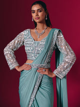 Sage green lycra saree with luxurious multi work detailing