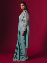 Sage green lycra saree with luxurious multi work detailing