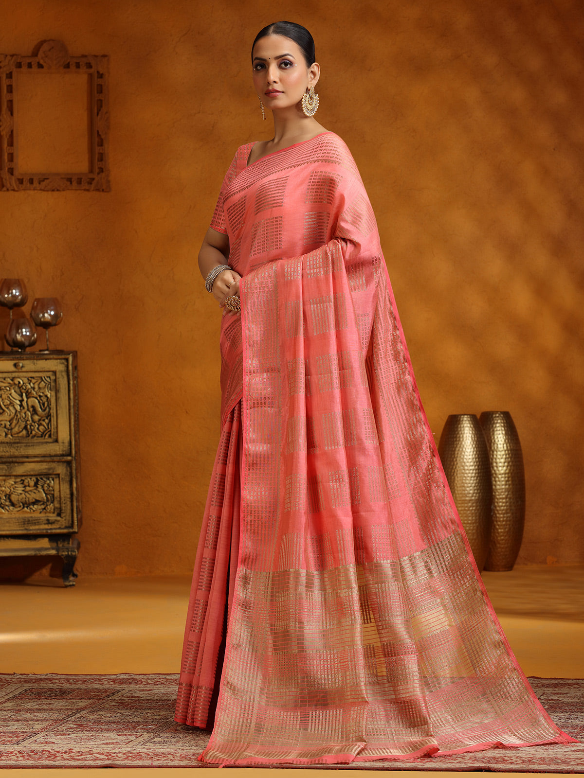 Salmon peach wedding wear silk saree