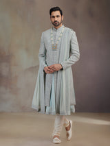 Sea green silk groom sherwani with dupatta