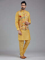 Shiny yellow multi coloured embroiderired kurta jacket set