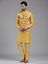 Shiny yellow multi coloured embroiderired kurta jacket set