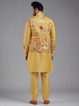 Shiny yellow multi coloured embroiderired kurta jacket set