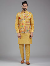 Shiny yellow multi coloured embroiderired kurta jacket set