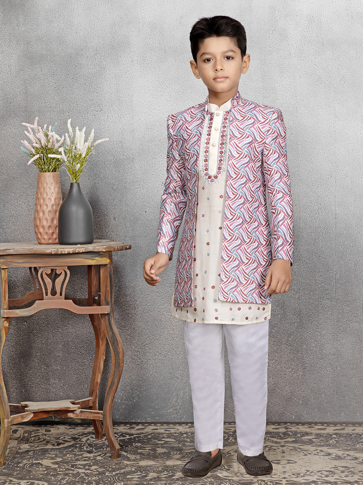 Silk cream textured indowestern