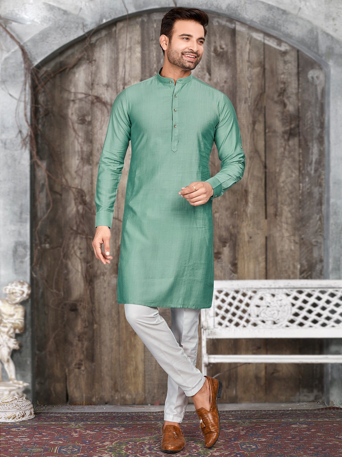 Silk pista green plain kurta suit