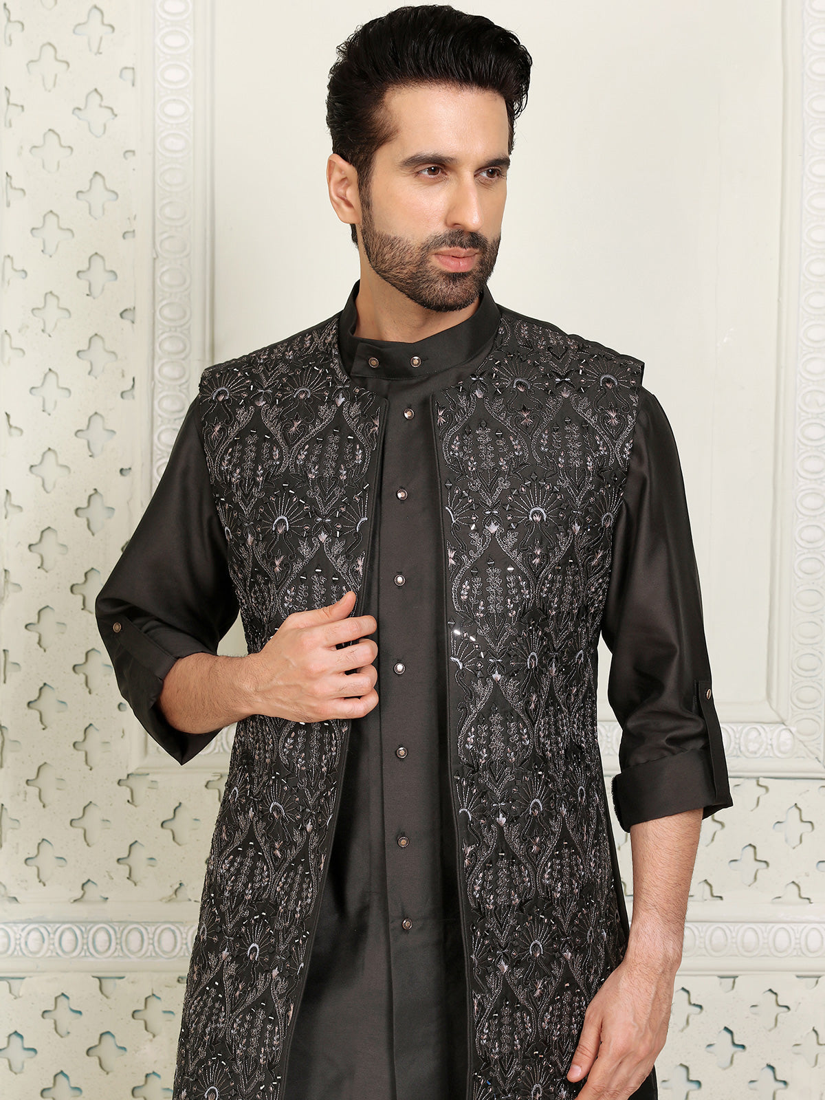 Silk wedding wear waistcoat set in black for men