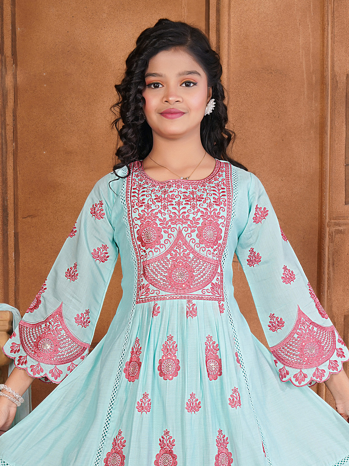 Sky blue embroidered salwar suit with dupatta and pants