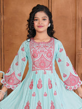 Sky blue embroidered salwar suit with dupatta and pants