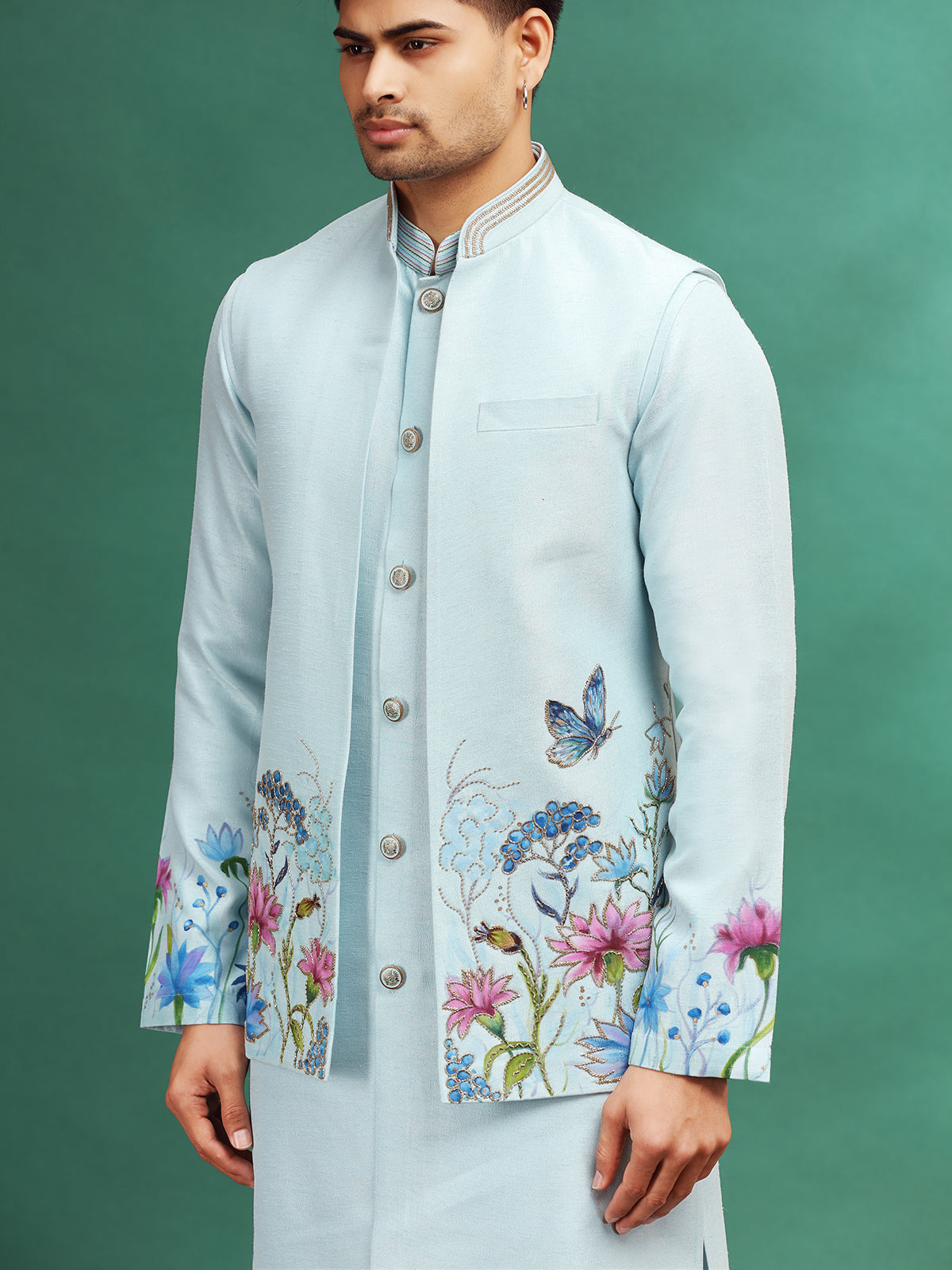 Sky blue printed waistcoat set for wedding celebration