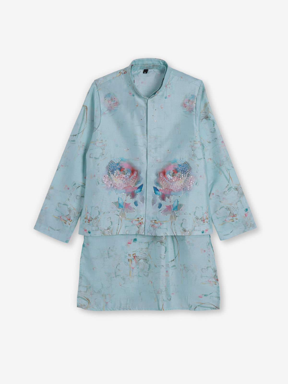 Sky blue silk printed cutdana waistcoat ensemble
