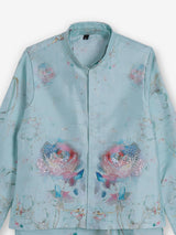 Sky blue silk printed cutdana waistcoat ensemble
