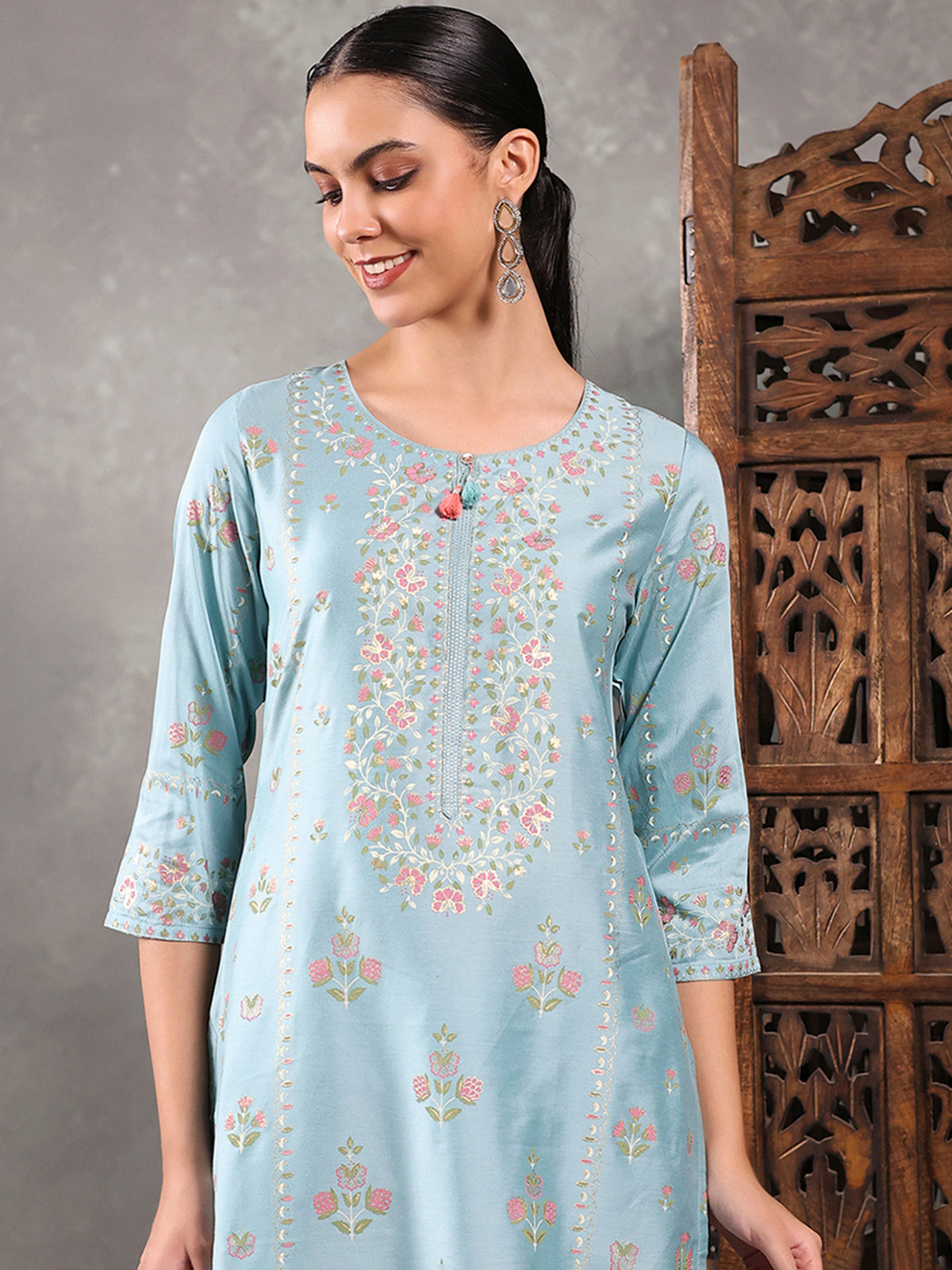 Sky blue silk printed kurti set for women festive wear