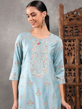 Sky blue silk printed kurti set for women festive wear