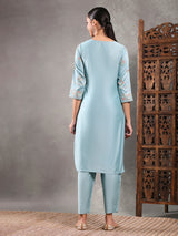 Sky blue silk printed kurti set for women festive wear