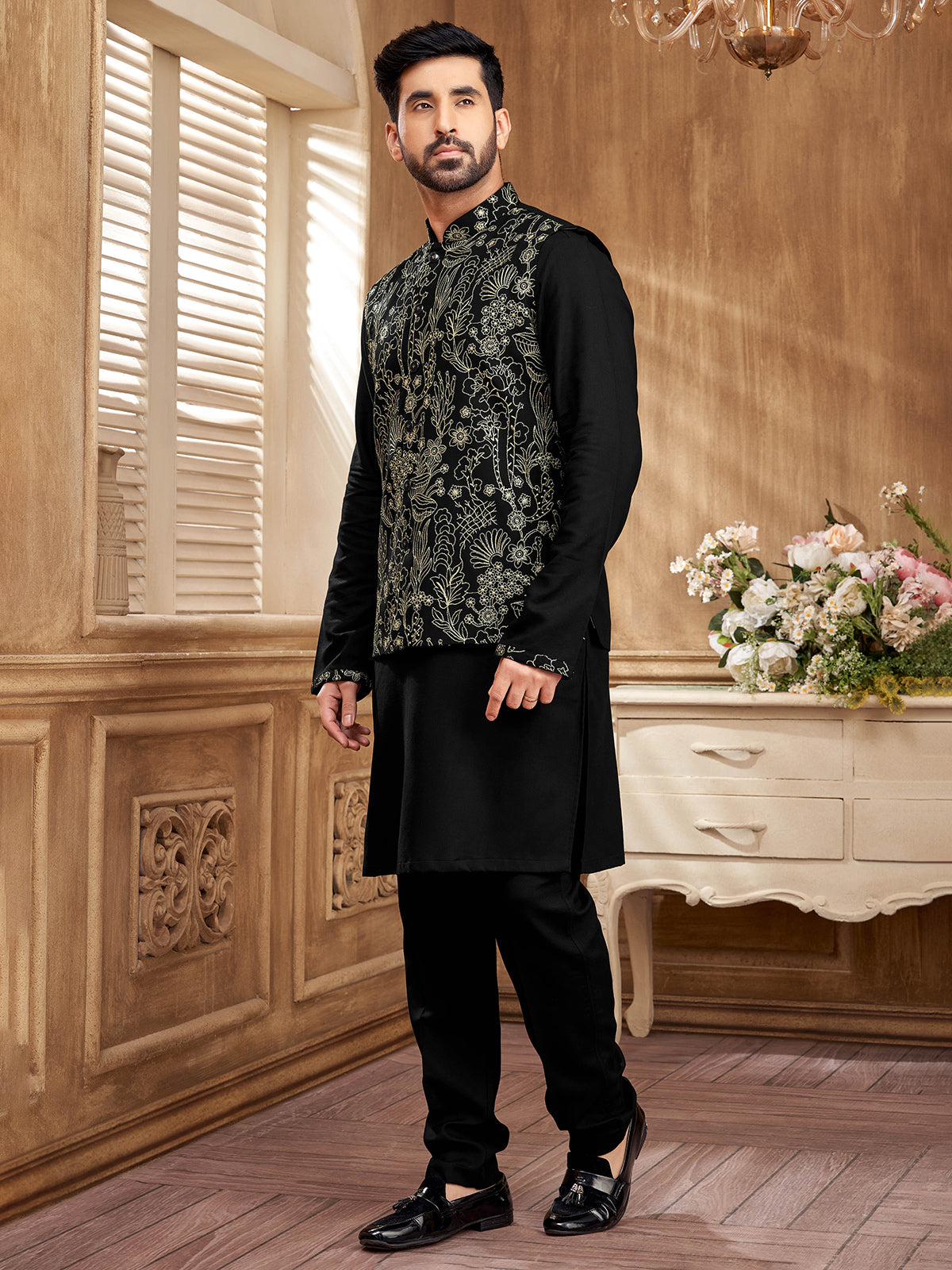 Sleek black resham waistcoat set for the modern gentleman