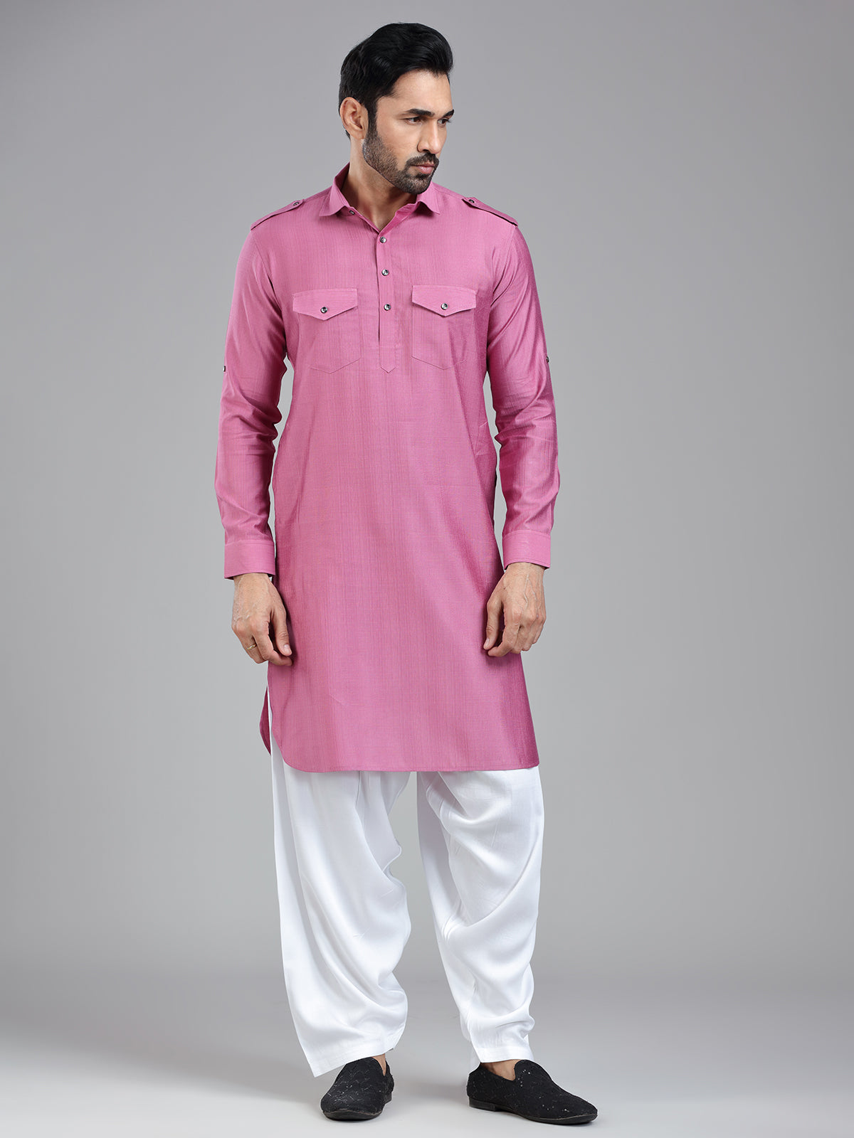 Striking elegant dark pink pathani suit for men