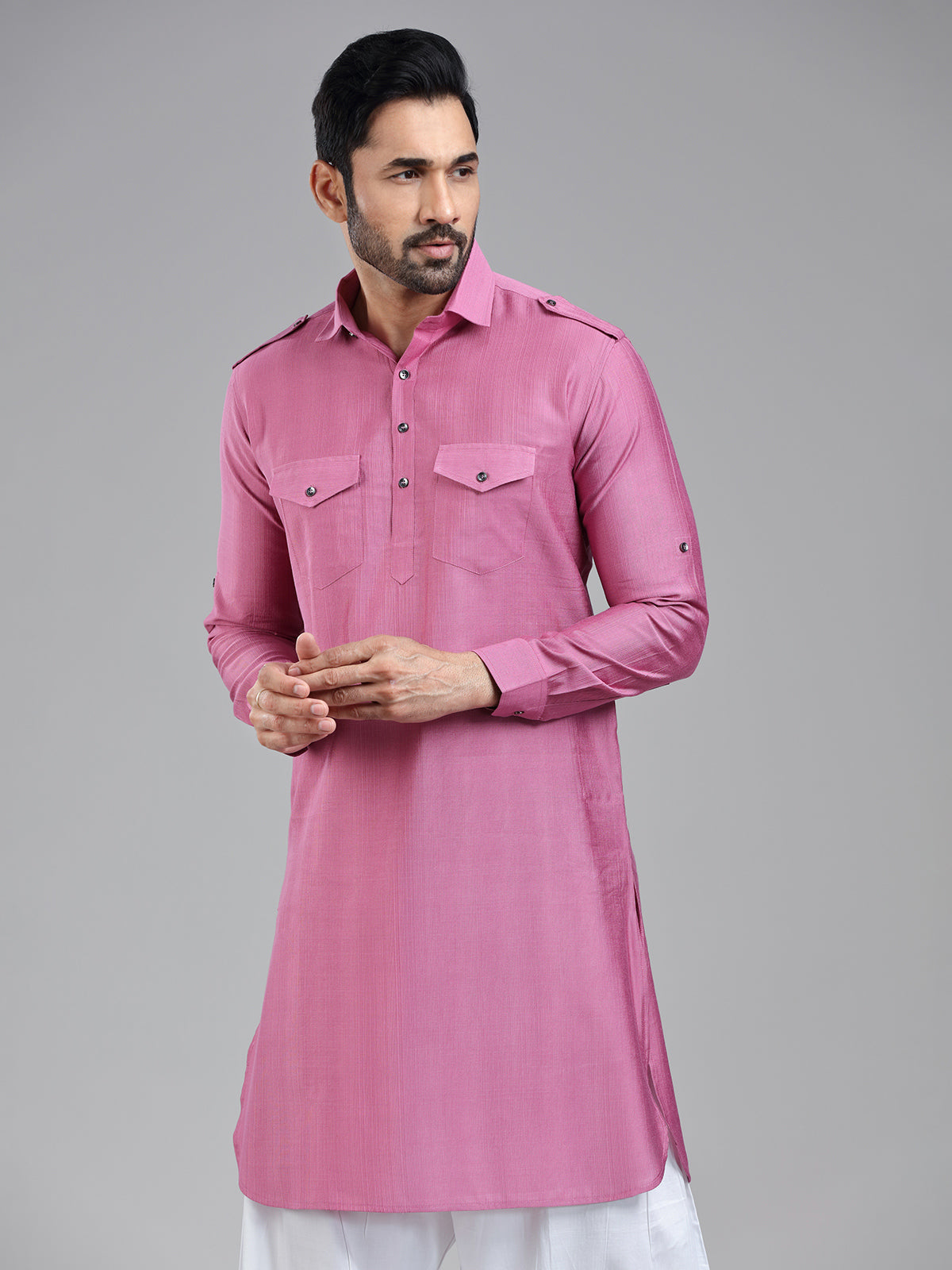 Striking elegant dark pink pathani suit for men
