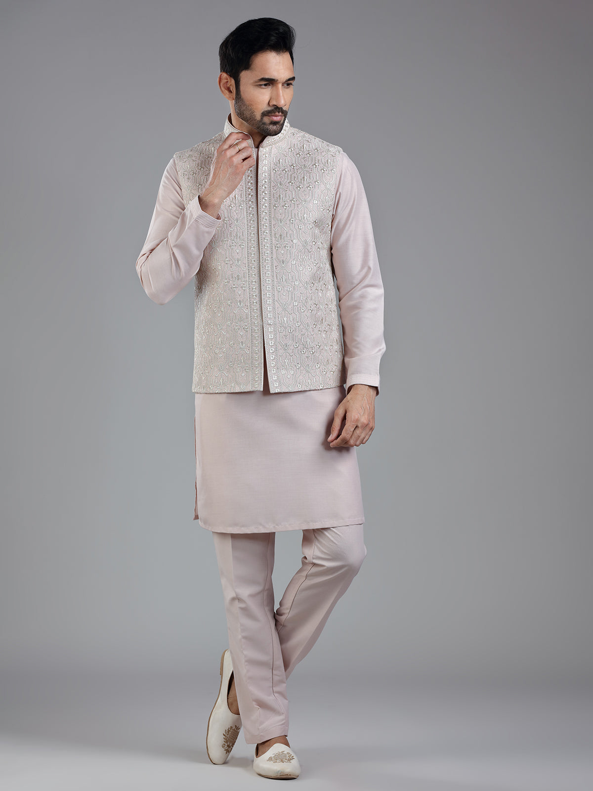 Striking light pink waistcoat set for wedding charm