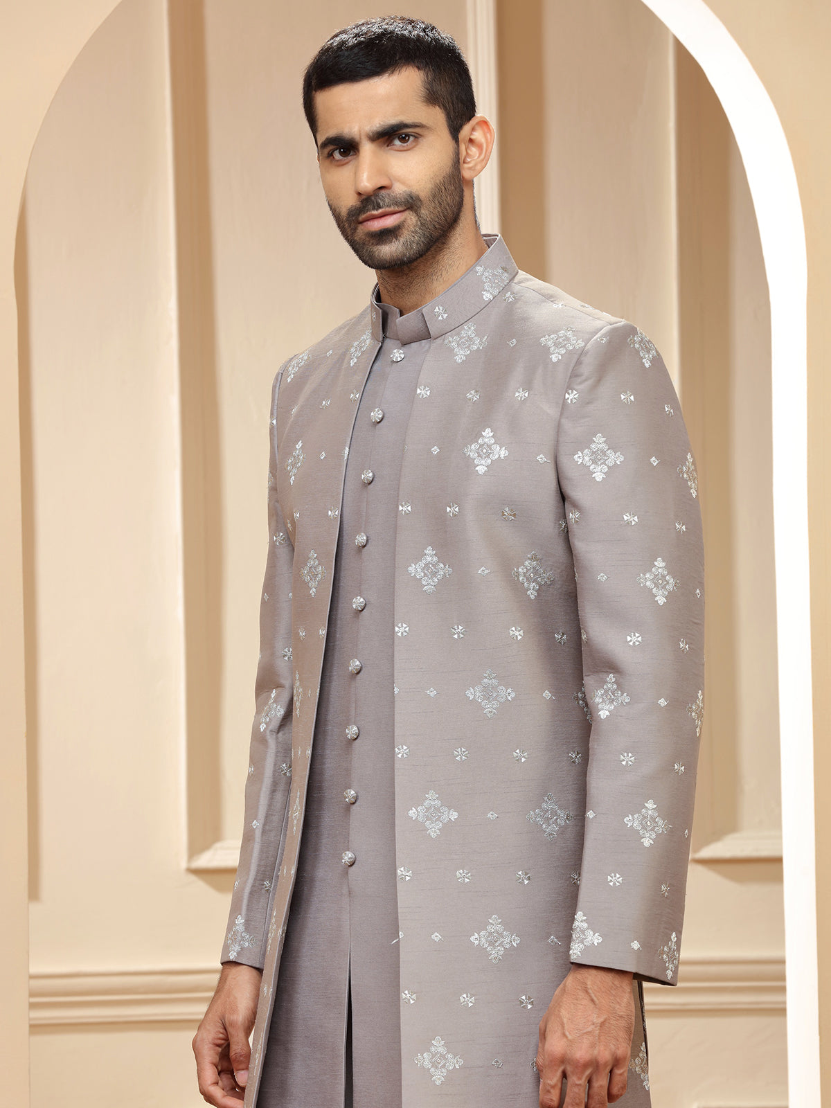 Stunning grey raw silk indowestern