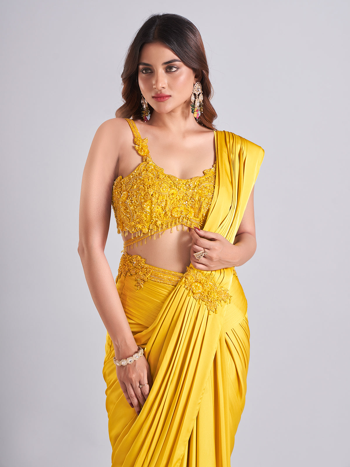 Stunning mustard yellow satin saree