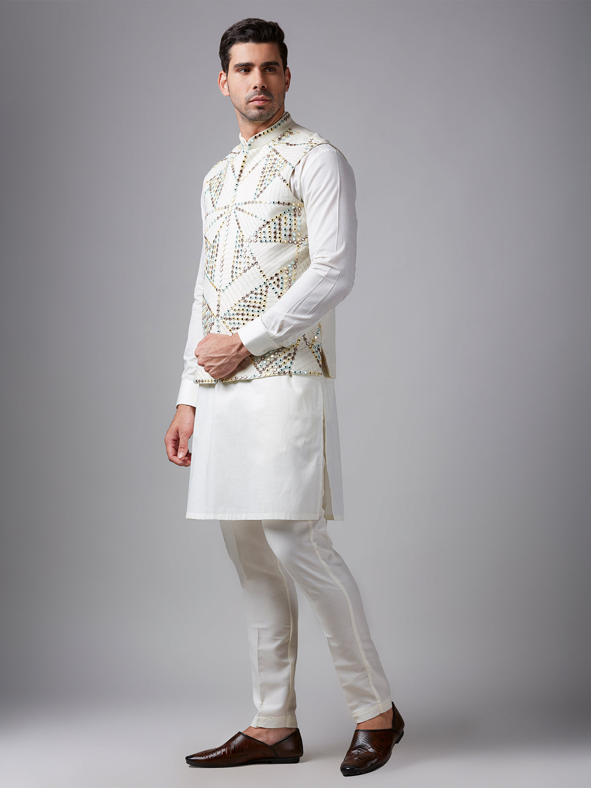 Stunning white mirror work waistcoat set